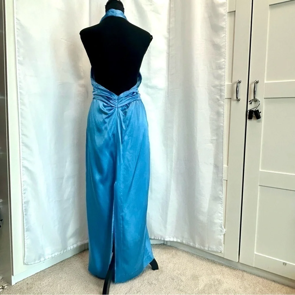 Zara blue satin effect halter top ruched open back midi slip dress NWT - Picture 12 of 16